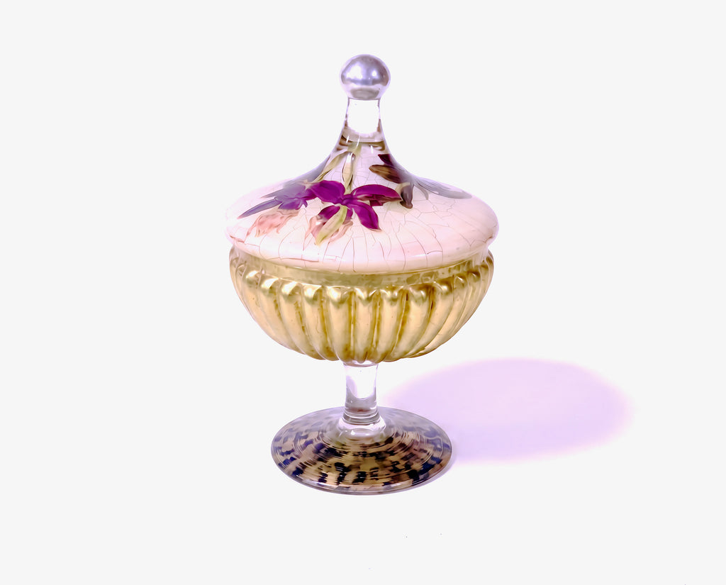 Amethyst Orchid Footed Covered Compote Special Gold Leaf Bowl & Black /Gold Base