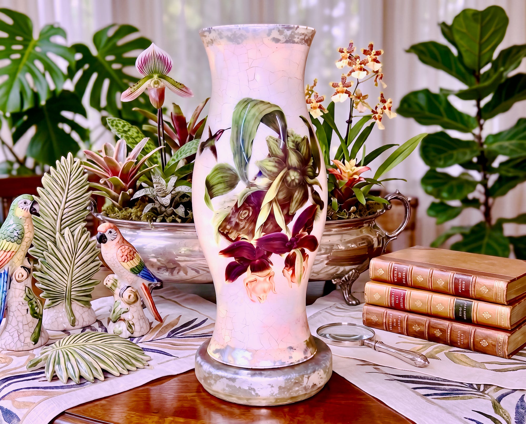 Amethyst Orchid Hurricane Candle & Pedestal Base Centerpiece