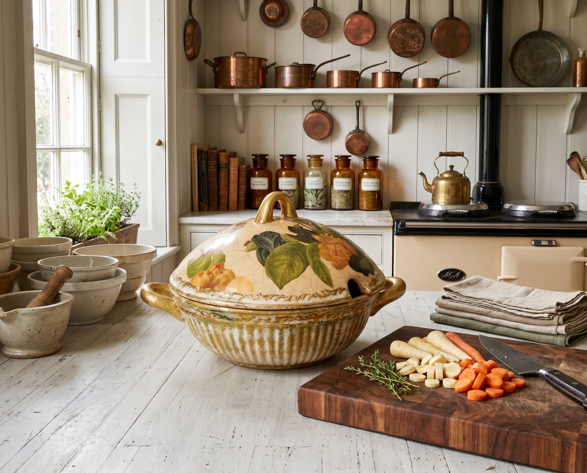 Apricot Peony / Iris Lg. Covered Tureen w/ Ceramic Ladel