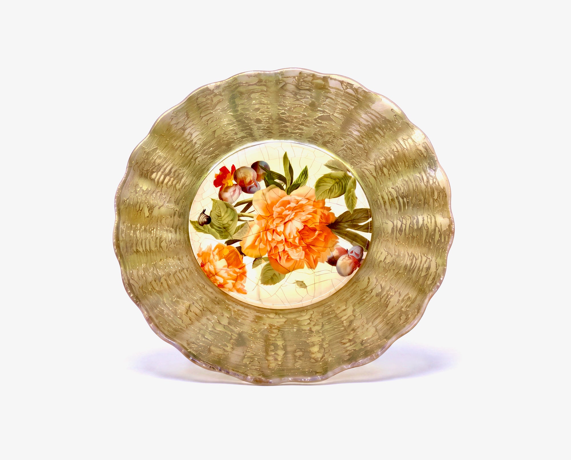 Apricot Peony 9" Fluted Plate — Double Gold Border