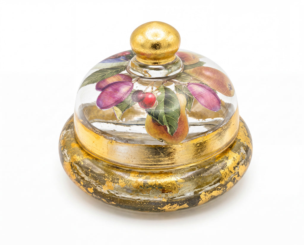 Fruit Orchard Covered Crystal Treasure 6” Bowl with Golden Finial