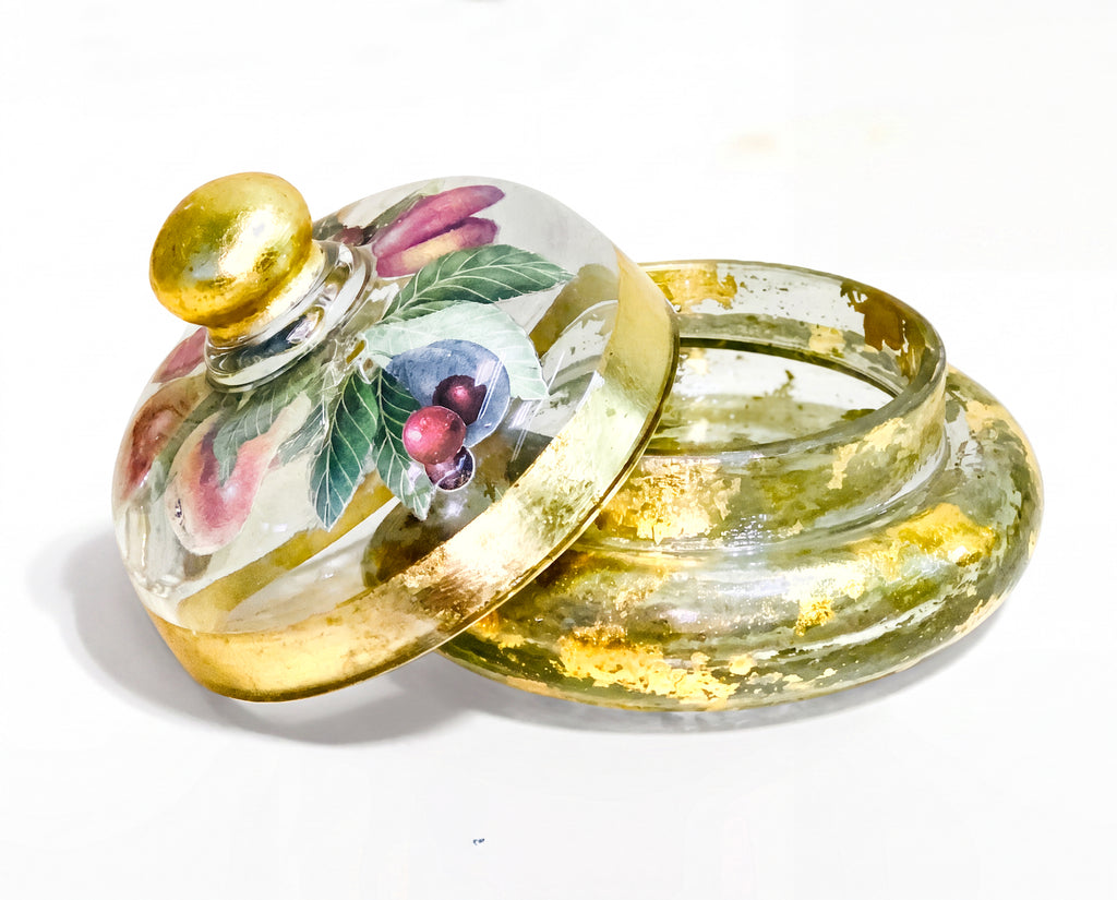 Fruit Orchard Covered Crystal Treasure 6” Bowl with Golden Finial