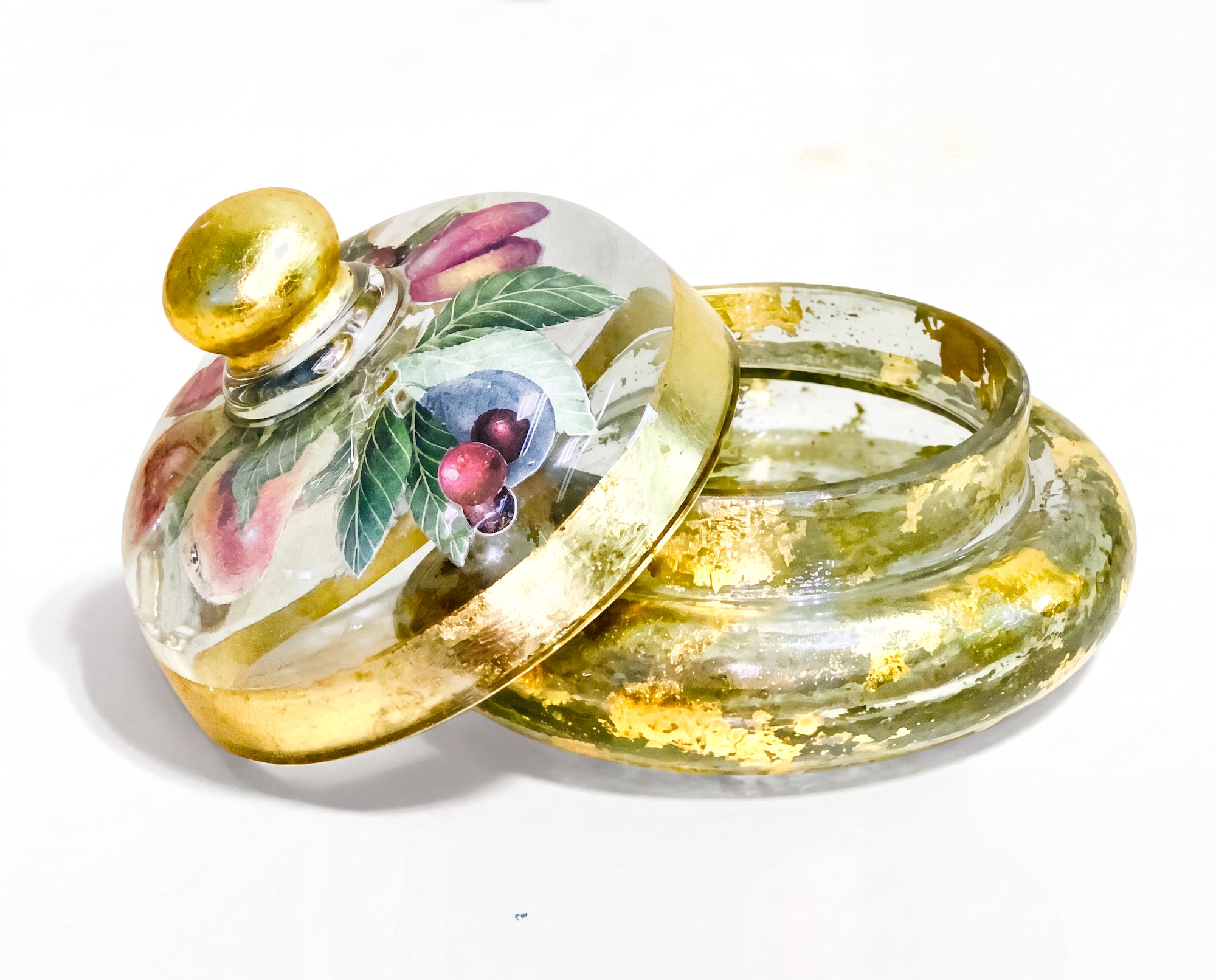Fruit Orchard Covered Crystal Treasure 6” Bowl with Golden Finial