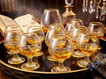 Vineyard Golden Mini Brandy Snifters — Set of 12 with Black Lacquer Serving Tray