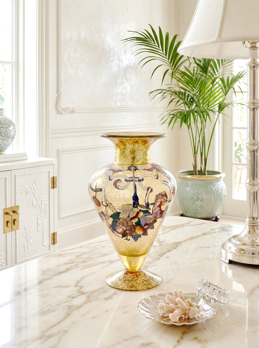 Golden Urn 15” Vase Pietra Dura Faux Inlaid Semi-Precious Stone Fruit Garland