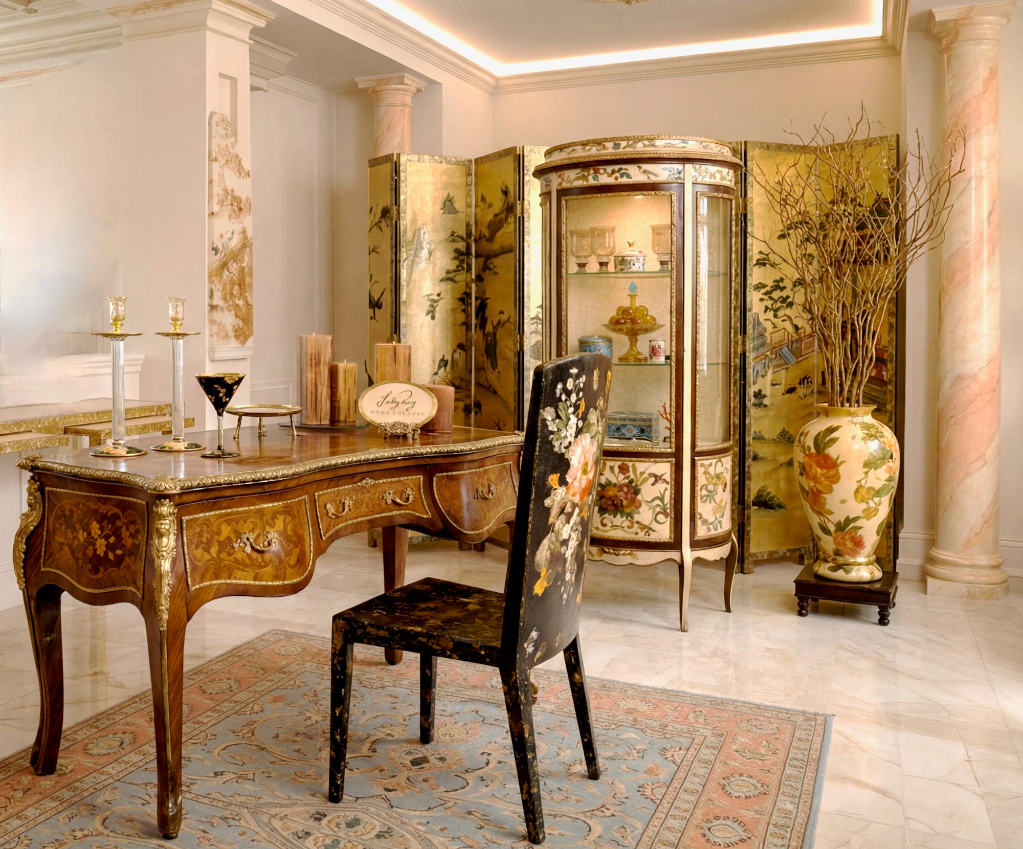 Pietra Dura Curio Cabinet Lighted Curio Cabinet