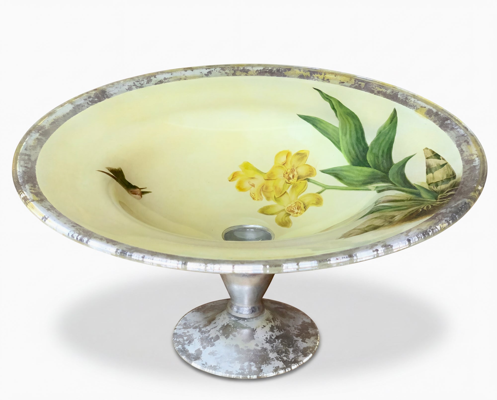 Orchidaceum Footed Capri Bowl Yellow Orchid & Hummingbird