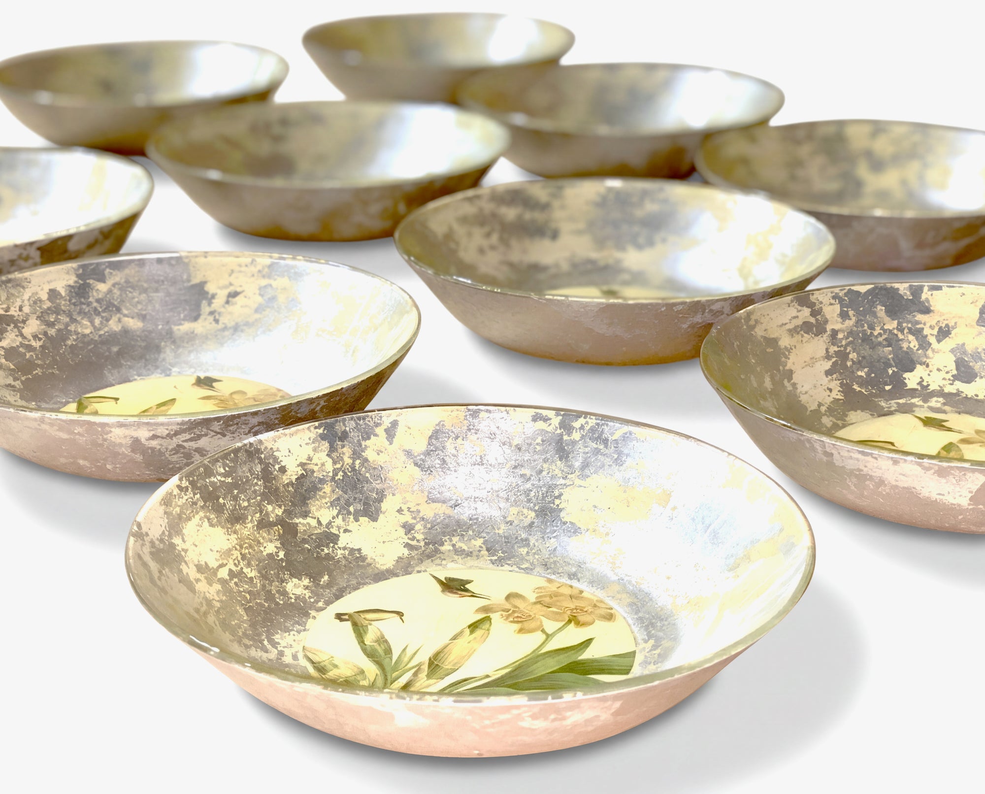 Orchidaceum Tri-Gold™ Yellow — Orchid & Hummingbird 8” Soup / Salad Bowls · Set of 12