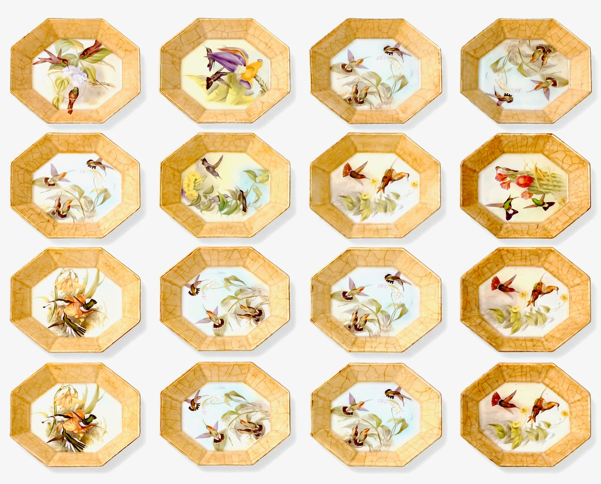 Orchidaceum 8” Octagonal Crackle Border Plates — Mixed Orchid & Hummingbird Set of 12