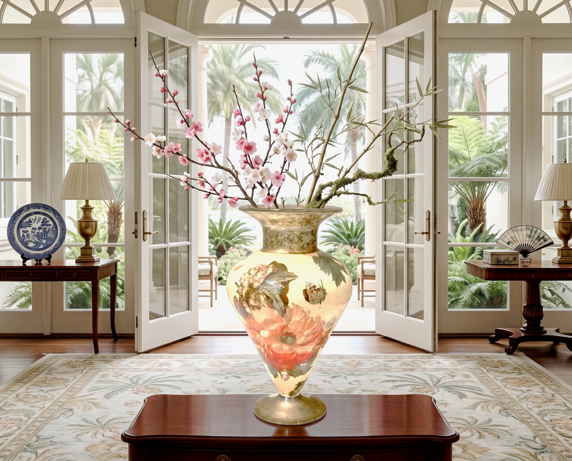 Red Lepidoptera 15" Urn Vase