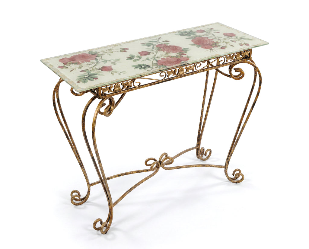 Rosarium Console Table Pink Turnip Rose Wrought Iron Folding Base