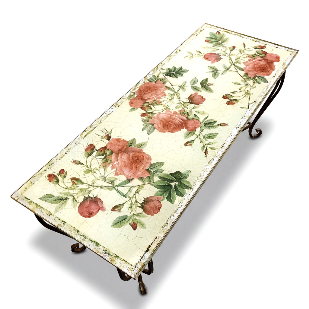 Rosarium Console Table Pink Turnip Rose Wrought Iron Folding Base
