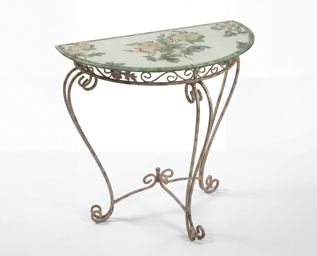 Rosarium White Briar Rose Tri-Gold™ Demi-Lune Wrought Iron Console Table