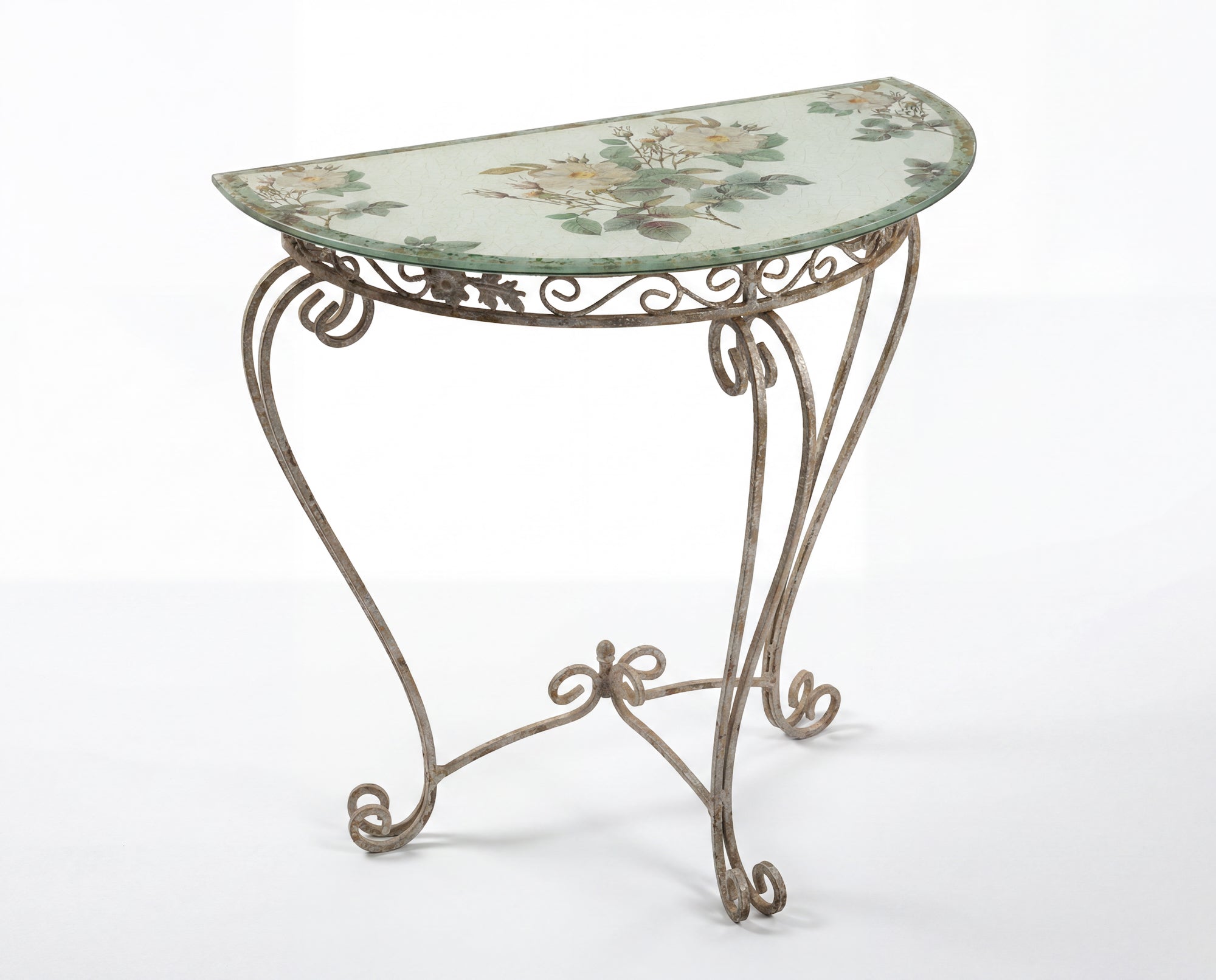 Rosarium White Briar Rose Tri-Gold™ Demi-Lune Wrought Iron Console Table