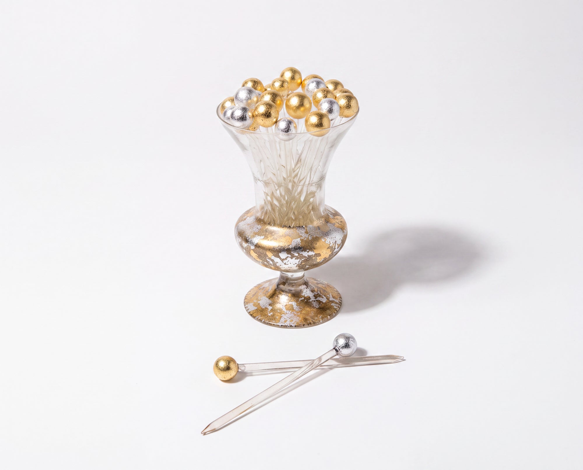 Tri-Gold Cocktail Set of 12 Gold & Silver Leaf Picks with Display Vessel