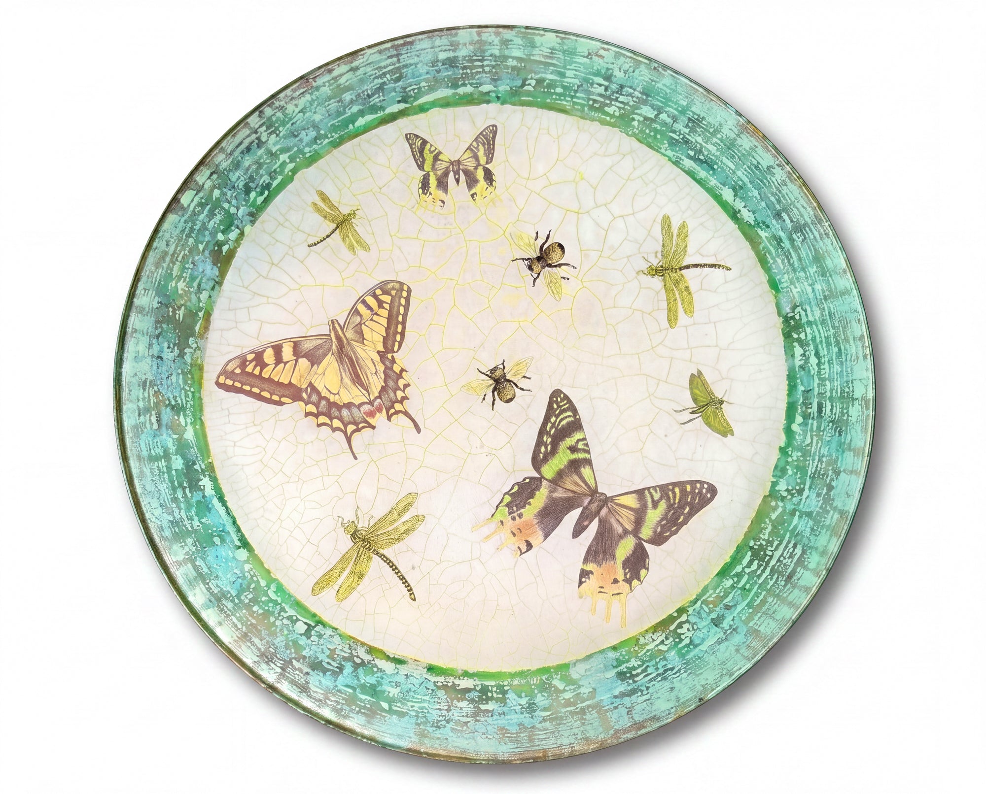 Wynn 16" Round Glass Presentation Platter with Lime Green Border & Butterflies